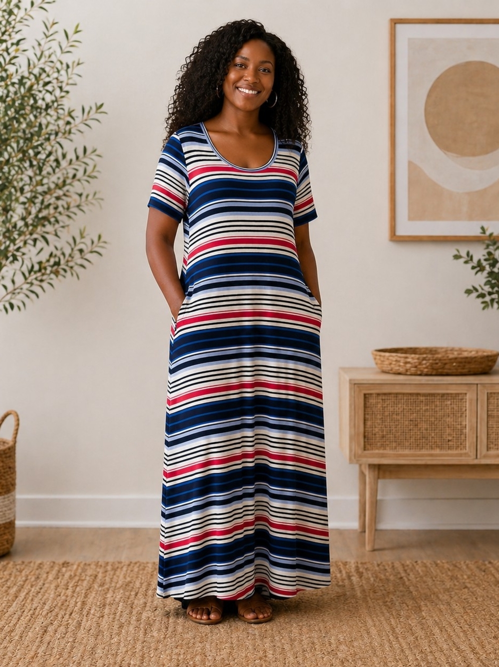 Lane Bryant Maxi Womens 18/20 Blue Red Stripe Short Sleeve Summer Casual Dress